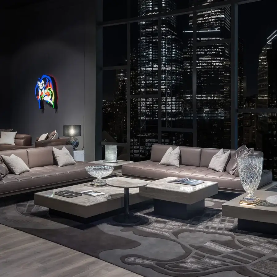 Exceptional WAYNE Enterprises WE-029 sectional with Italian leather upholstery and rich veneer in a matte finish