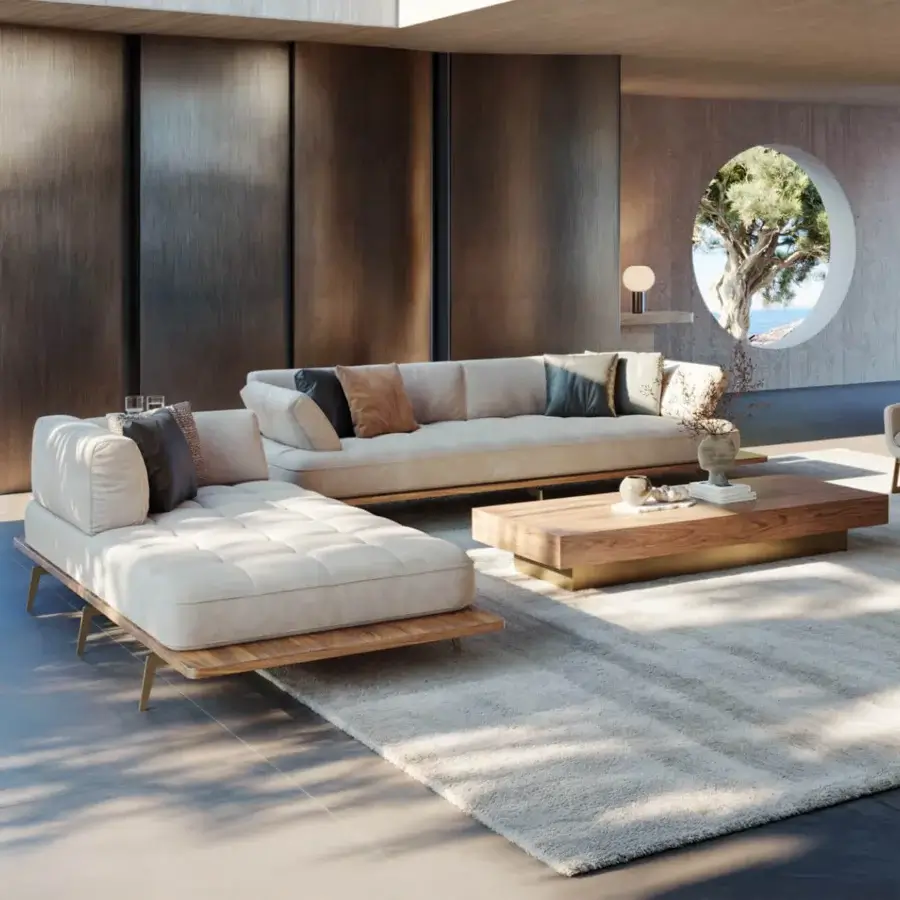 Exceptional WAYNE Enterprises WE-029 sectional with Italian leather upholstery and rich veneer in a matte finish