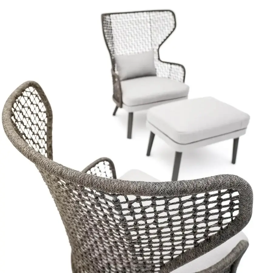 Lavish Varaschin Emma Bergere lounge chair with matte gray woven fiber and light gray Dryfeel foam cushions