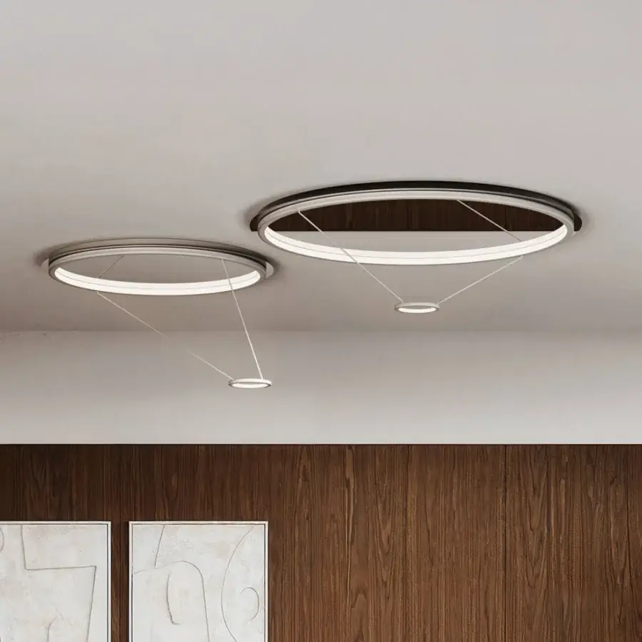Superior Italamp Loop ceiling lamp crafted in metal with a neutral gray-black finish embodying lightness and balanced illumination