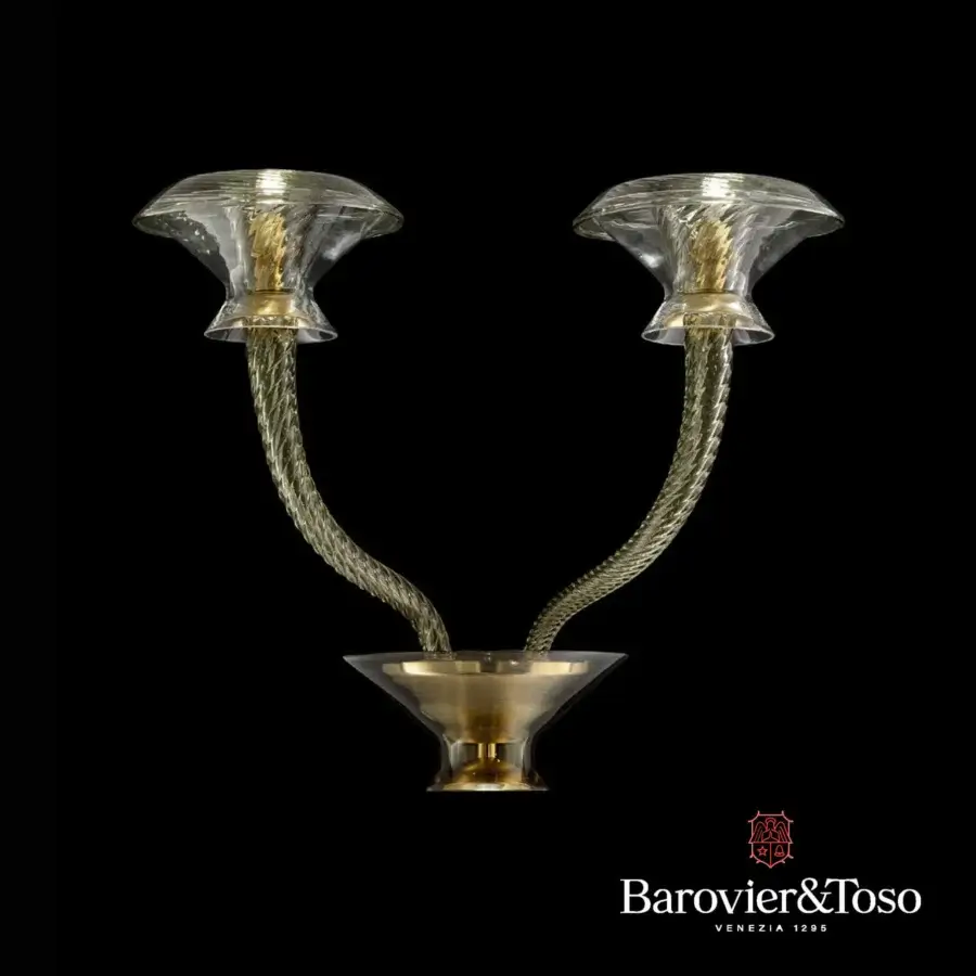 Wall lamp, clear glass, rippled shades with gold interiors, silver metal arms, brass trumpet base, U-shape, Barovier&Toso Venezia 1295 logo.