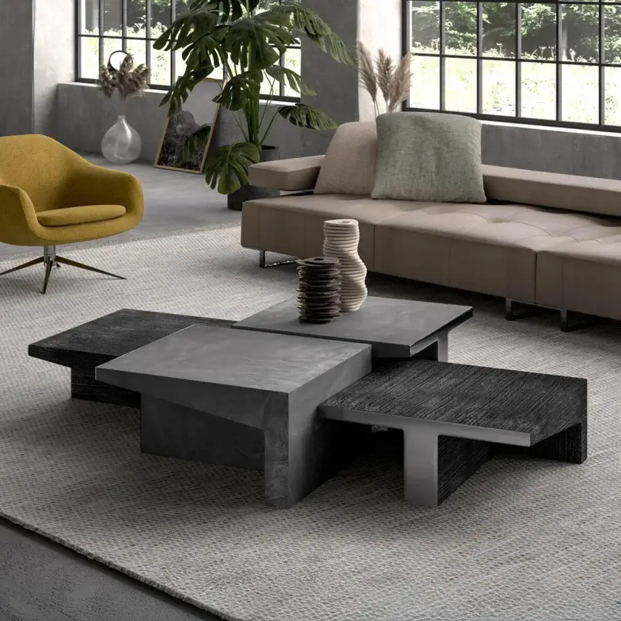 Innovative Arketipo Talking Heads coffee table with geometric design in grey and dark brown resin and powdered metal with matte finish