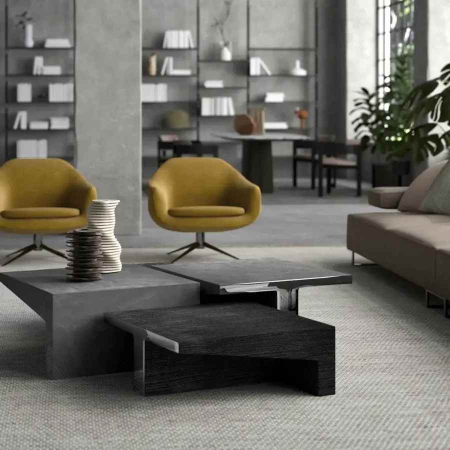 Distinguished Arketipo Talking Heads coffee table with asymmetrical arrangement crafted in durable resin and clay with textured surface