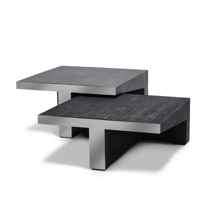 Distinguished Arketipo Talking Heads coffee table crafted in resin with powdered metal and resin with clay, exhibiting a dark gray textured wood grain tabletop and cool gray matte base