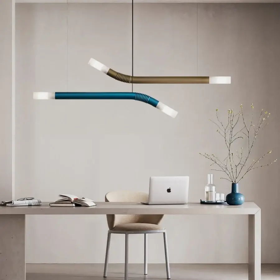 Elegant Italamp Cantabrina suspension lamp crafted in glossy white glass and matte black metal with teal blue and gold accents