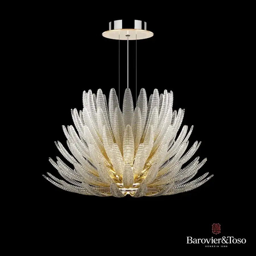 Exceptional Barovier&Toso Agave suspension lamp crafted in translucent white glass with pale gold accents and brilliant dew finish