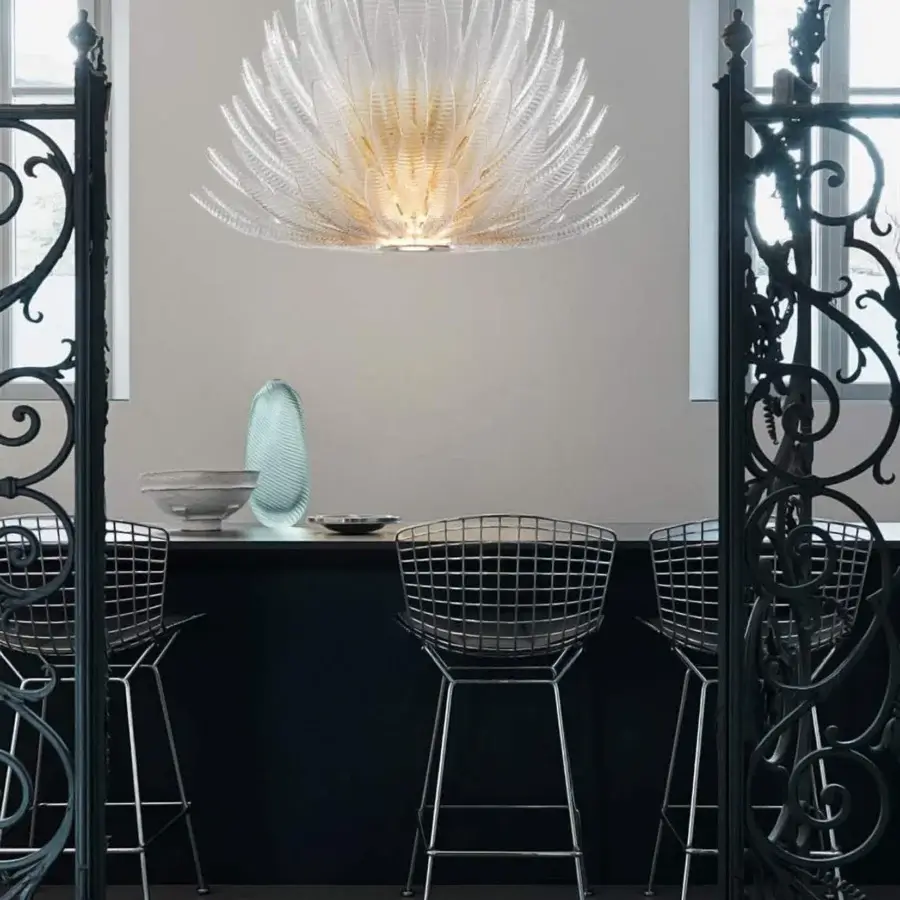 Elegant Barovier&Toso Agave suspension lamp crafted in translucent crystal with a delicate dew finish and agave-inspired silhouette
