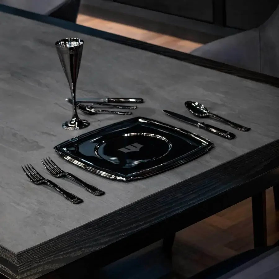 Distinguished WAYNE Enterprises WE-DNG01B cutlery set crafted in pure silver ruthenium plated with a black glossy finish and iconic logo engraving