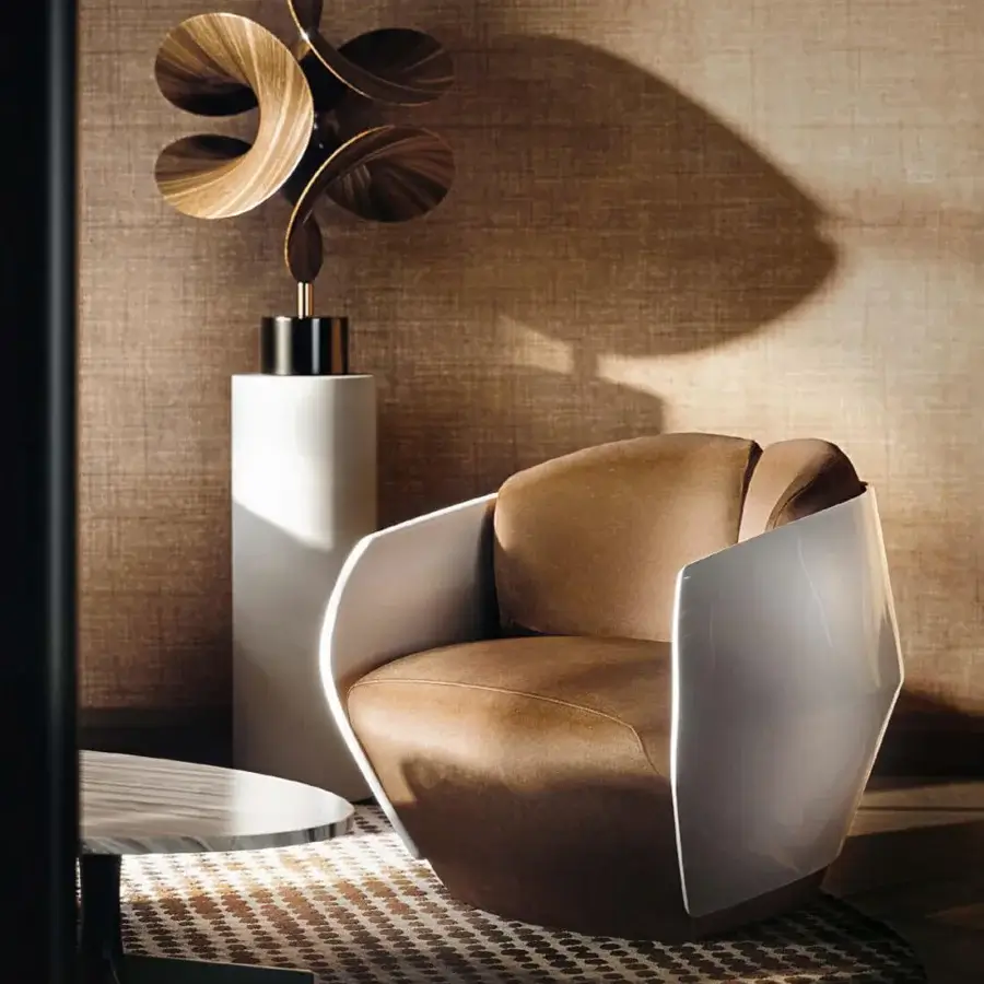 Elegant Giorgetti Lorelei lounge chair with bright white lacquered shell and warm brown leather upholstery