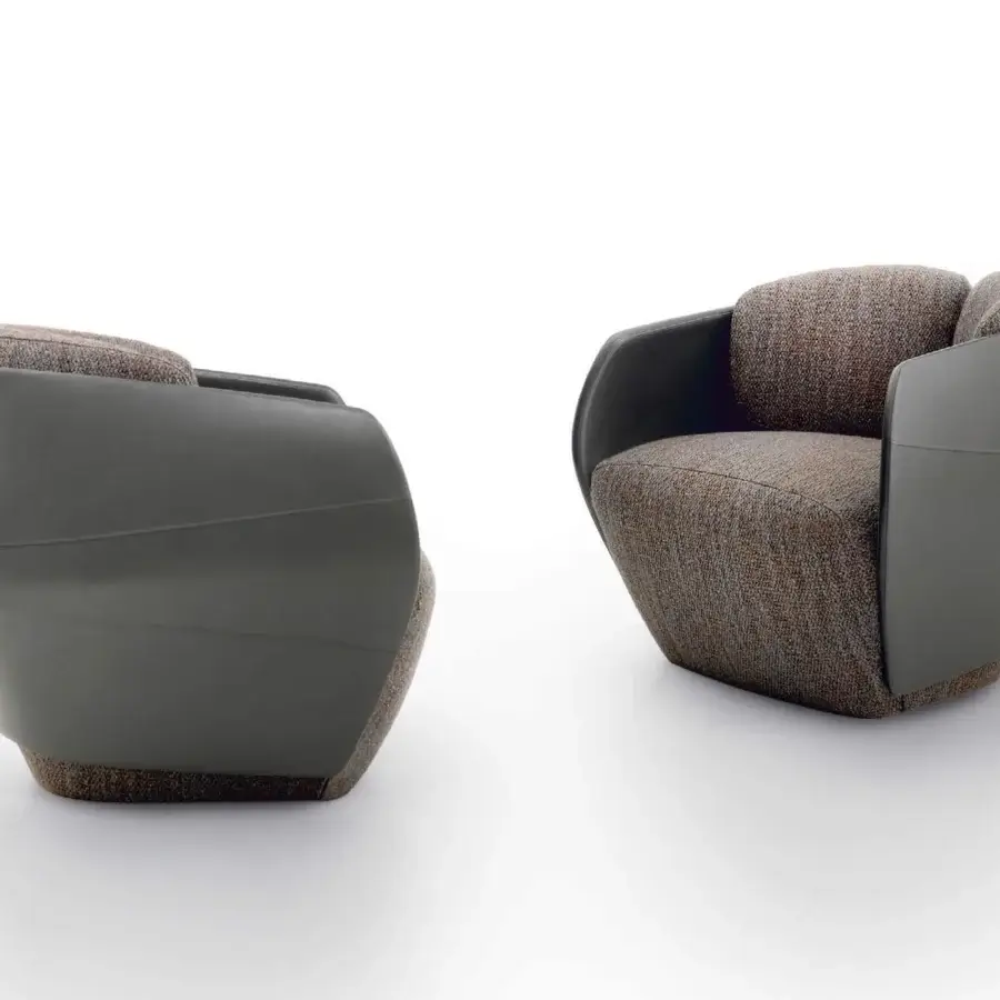 Exclusive Giorgetti Lorelei lounge chair with muted gray lacquered shells and textured textile cushions crafted in Italy
