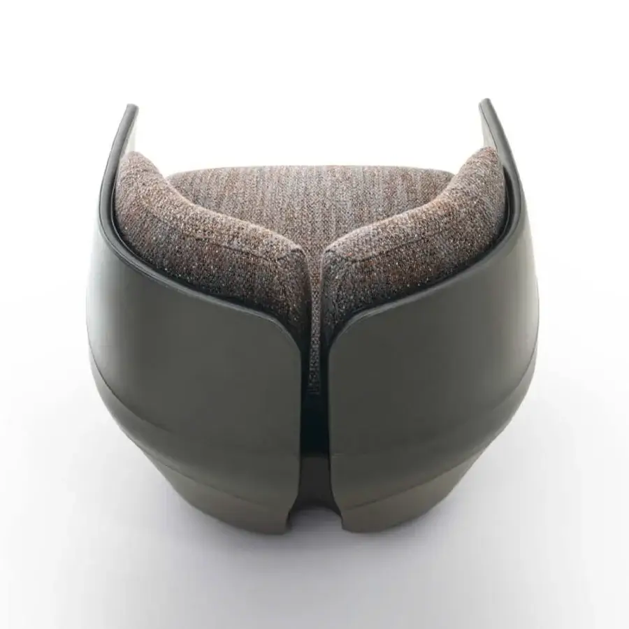 Distinguished Giorgetti Lorelei lounge chair built with dark olive green lacquered shells and a cushion in brown, gray, beige hues