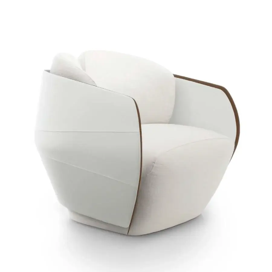 Superior Giorgetti Lorelei lounge chair crafted with textured light beige leather and flexible wood perimeter details