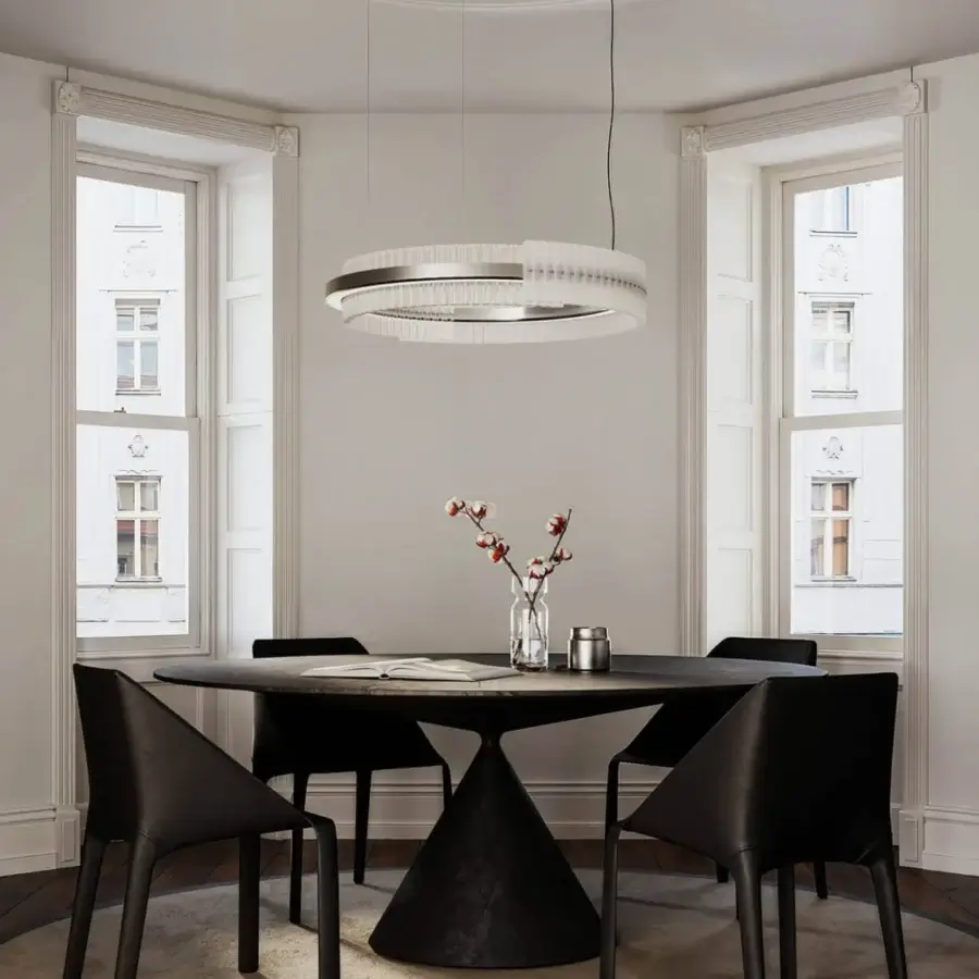 Superior Italamp Rhea suspension lamp in refined metal with overlapping rings and transparent etched glass finish