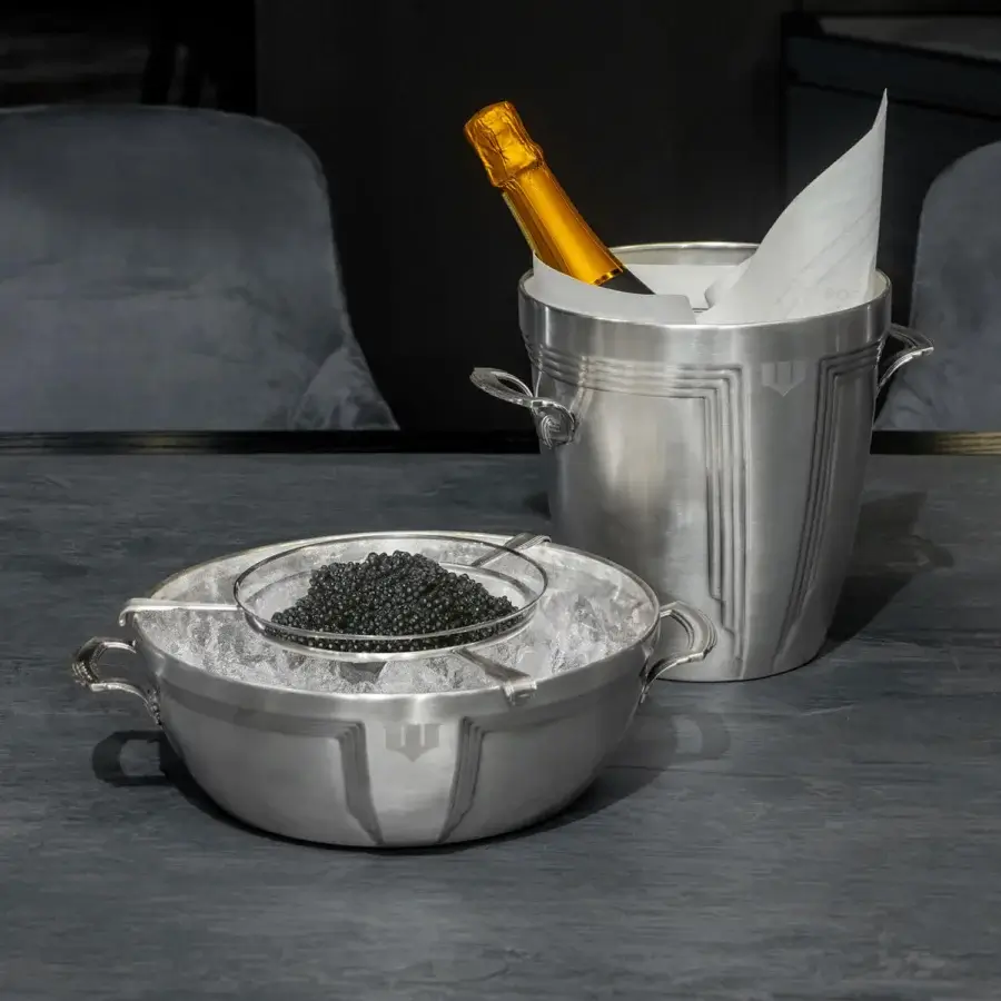Distinguished WAYNE Enterprises WE-DNG04 caviar holder built in pure silver satin with a polished reflective surface and embossed chevron pattern