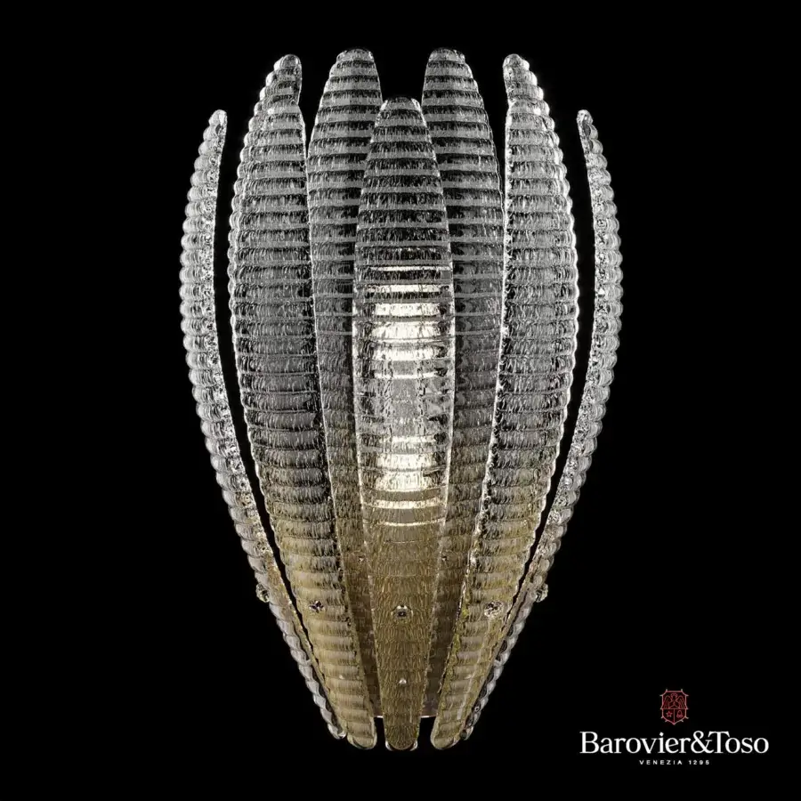 Agave wall lamp by Barovier&Toso, silver and gold striated glass, vertical fan-blade design with flared golden base and Venezia 1295 logo.