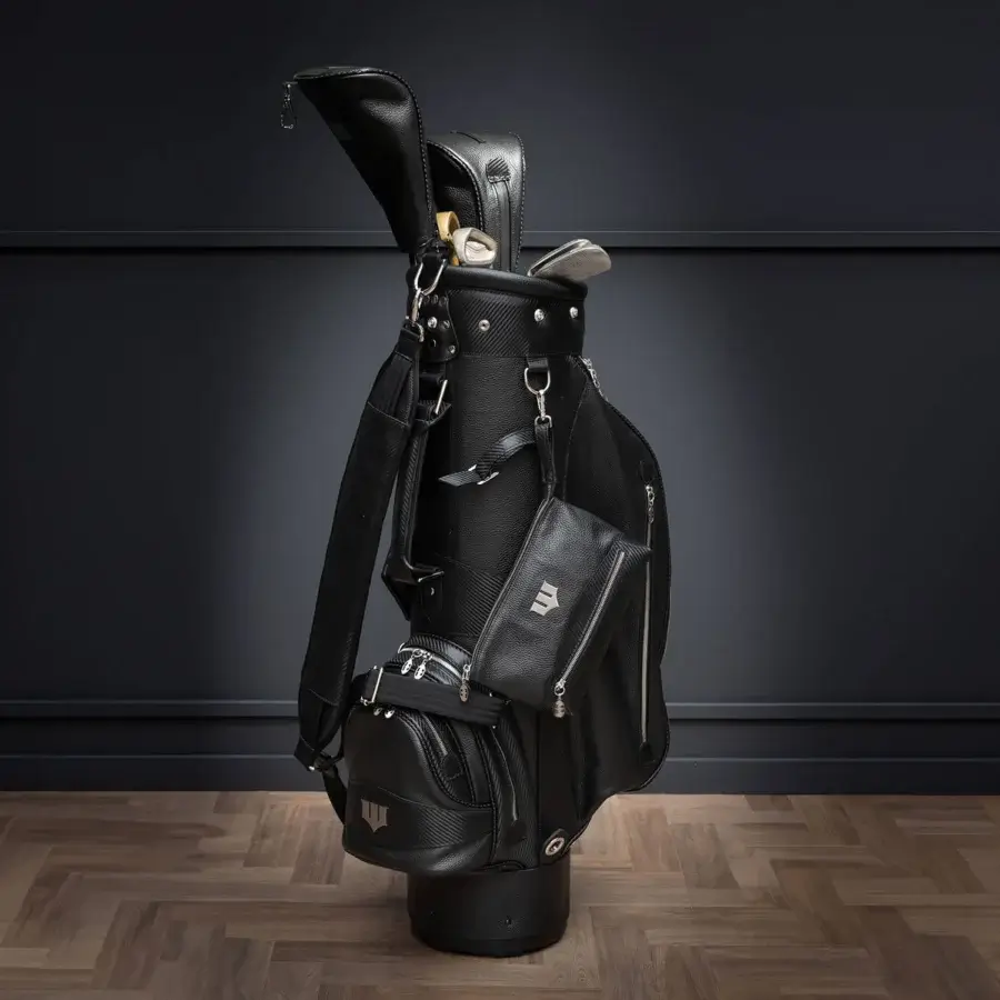Superior WAYNE Enterprises WE-GOLF 048 golf bag in black leather and textured carbon fiber leather with nickel finish