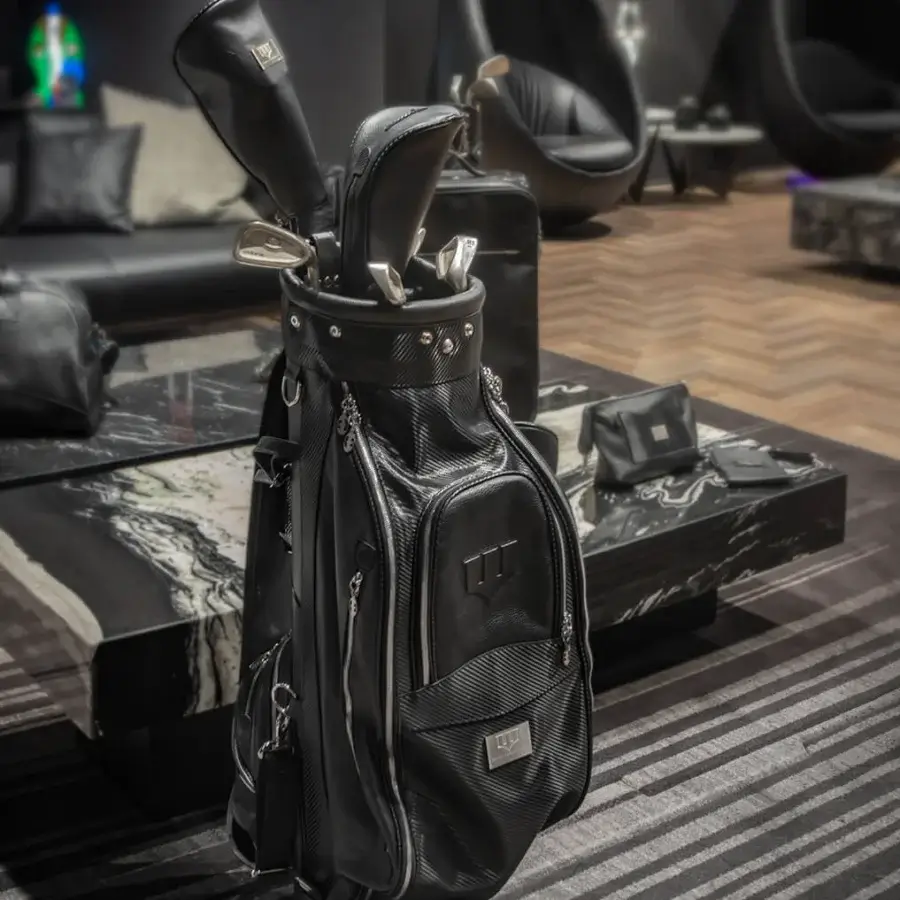 Superior WAYNE Enterprises WE-GOLF 048 golf bag in black leather and textured carbon fiber leather with nickel finish details