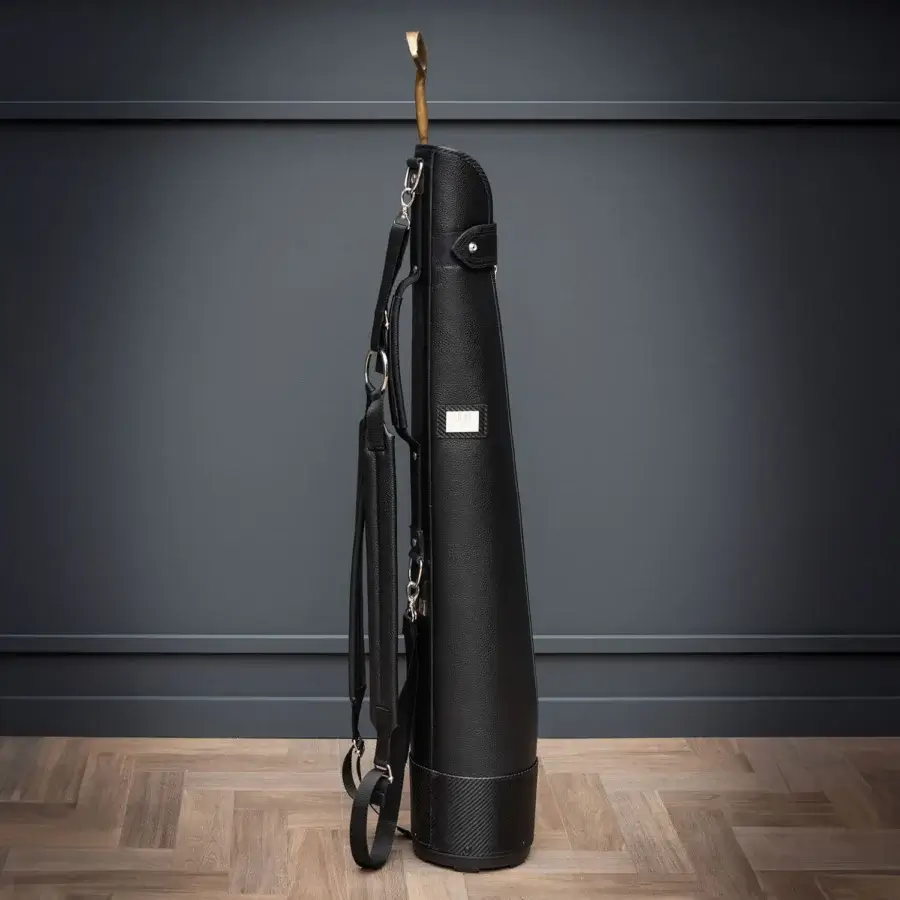 Superior WAYNE Enterprises WE-GOLF SB shoulder golf bag crafted in black leather and carbon fiber textured leather with nickel finish branding