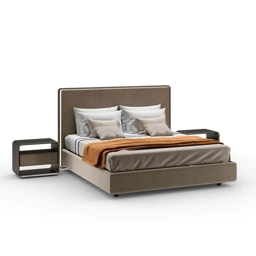 Exceptional Reflex Oh bed with muted brown quilted upholstery and shaped bronze finished wooden frame with integrated lighting