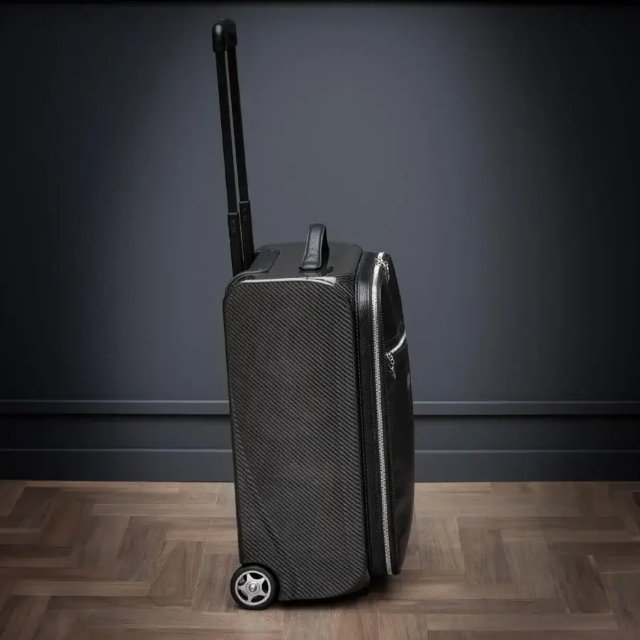 Innovative WAYNE Enterprises WE-CB1107 trolley in black leather and sleek carbon fiber with nickel finish logo