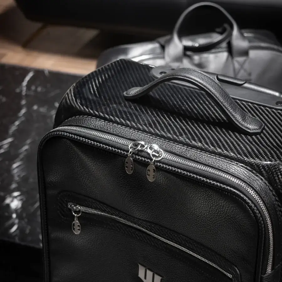 Exclusive WAYNE Enterprises WE-CB1107 trolley in black leather and carbon fiber with nickel logo accents