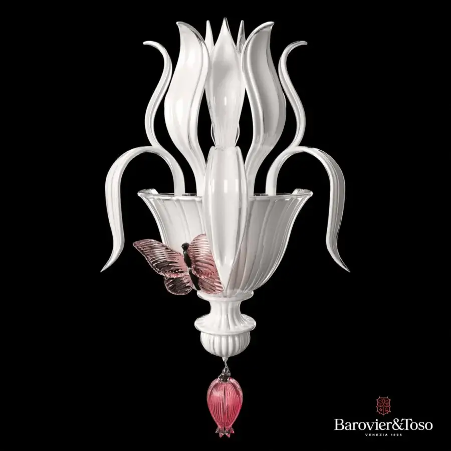 Exceptional Barovier&Toso Adonis wall lamp crafted in white Murano glass with a pink glass butterfly accent