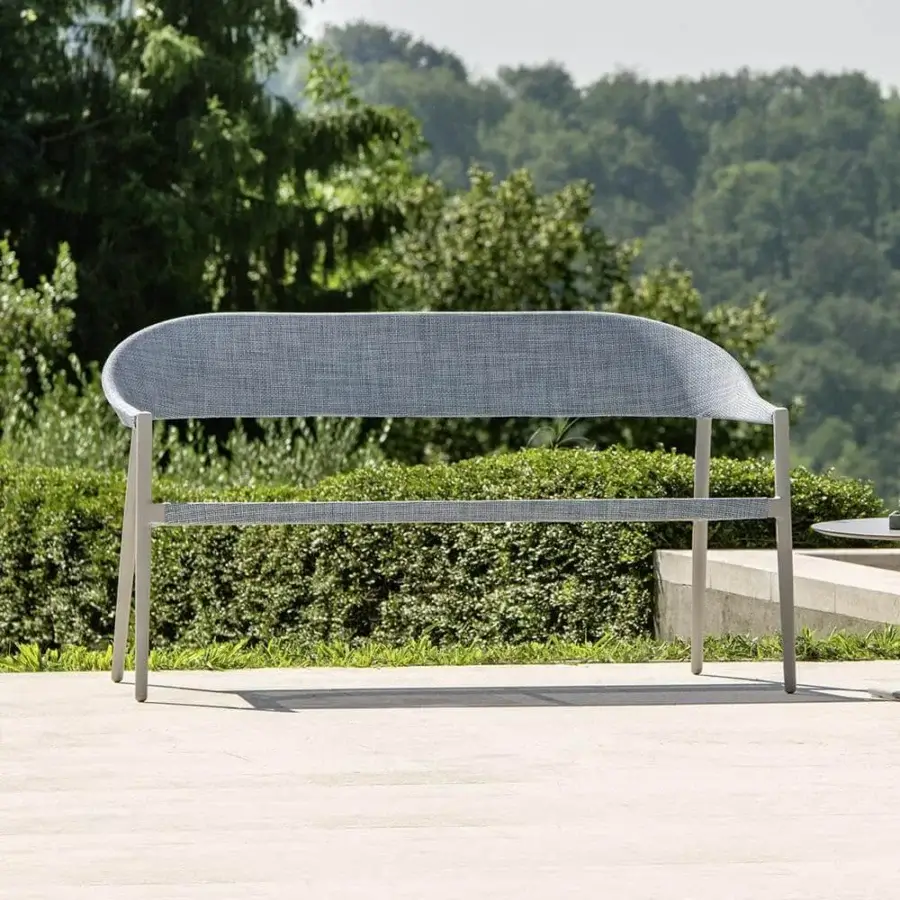 Superior Varaschin Clever sofa with woven VAR#TEX and powder-coated aluminum, presenting a muted blue-gray hue crafted in Italy