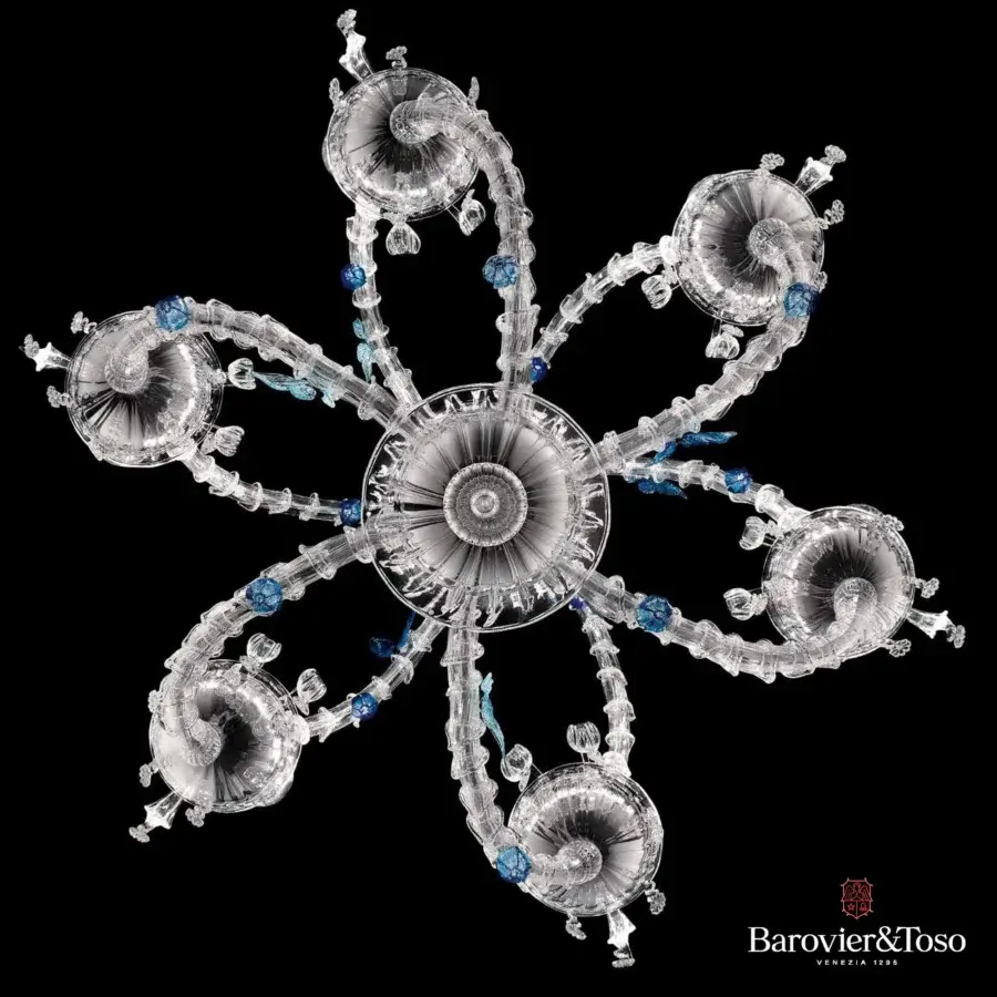 Captivating Barovier&Toso Adonis chandelier crafted in Murano glass with graceful curves and delicate blue accents inspired by tradition