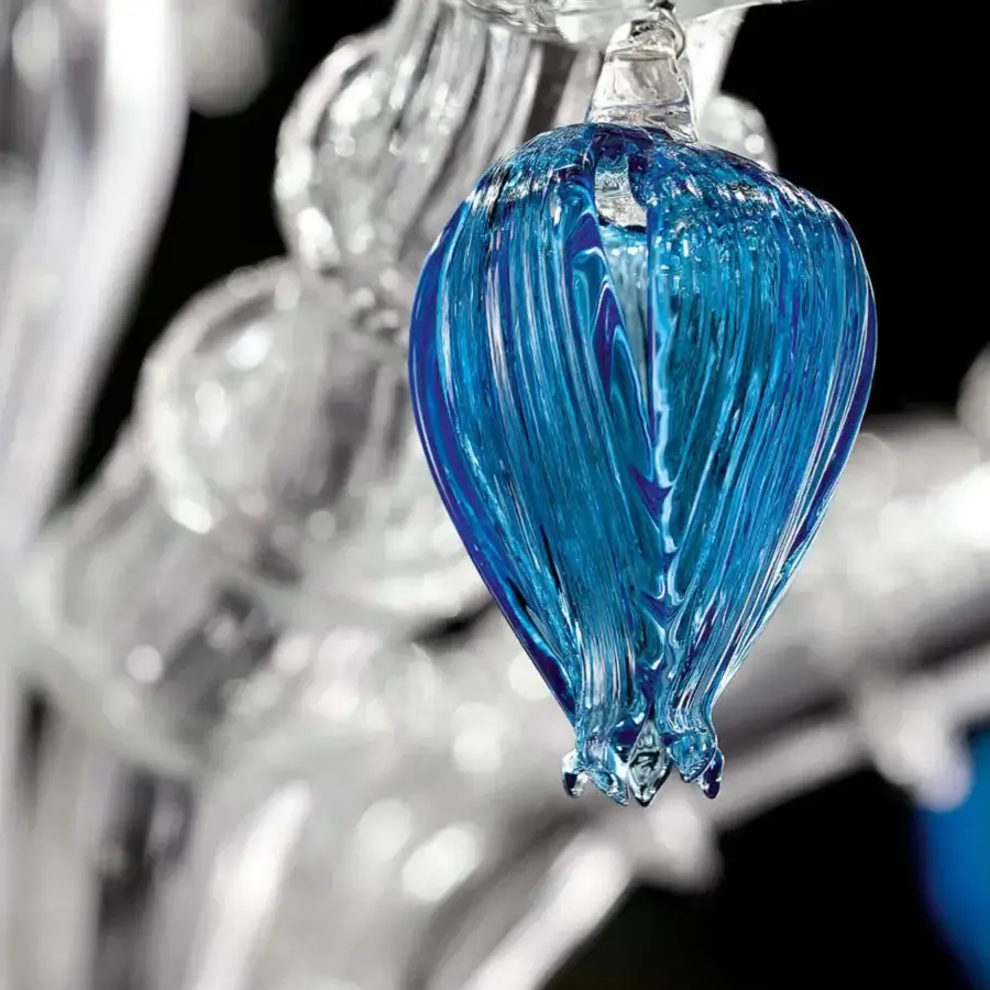 Superior Barovier&Toso Adonis chandelier crafted in Murano glass with a gradient blue teardrop and floral detailing