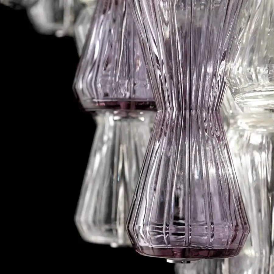 Elegant Barovier&Toso Clepsydra ceiling lamp in lavender crystal crafted with Rigadin technique and flowing glass elements