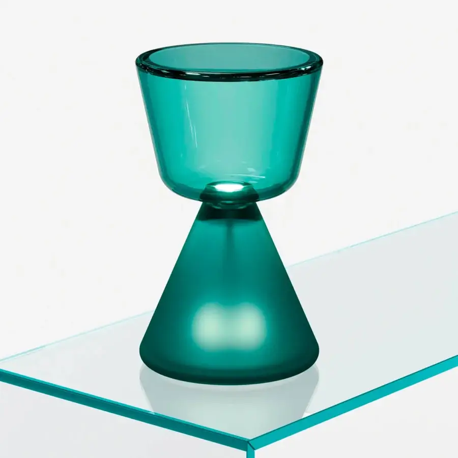 Exceptional Tonelli Design Rook lamp crafted in teal mouth-blown glass with a glossy finish creating a captivating hourglass silhouette