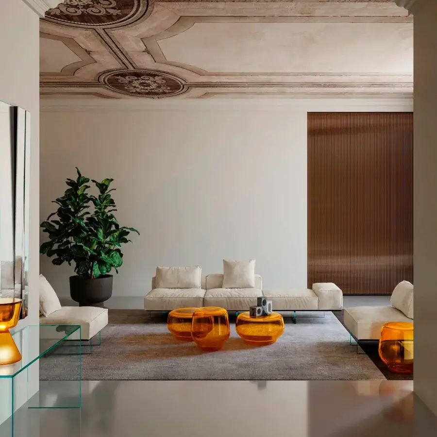 Distinguished Tonelli Design Rook lamp crafted in glossy, orange-toned glass with an hourglass silhouette and dimmable LED lighting