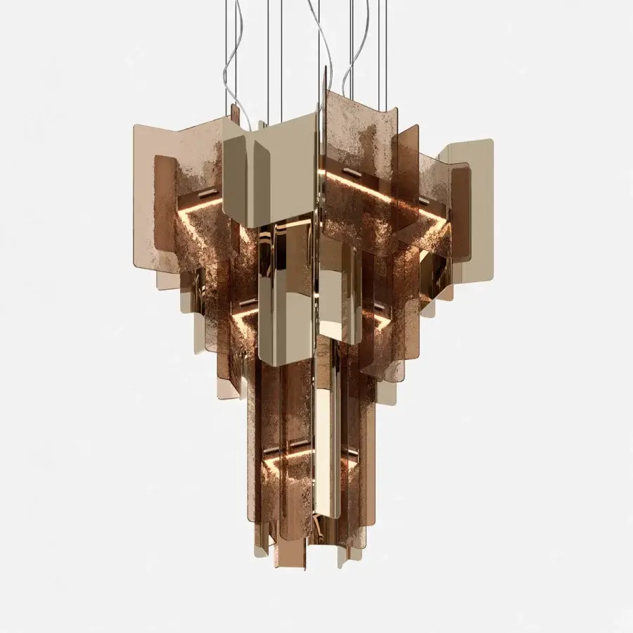 Exceptional Tonelli Design Cathedral suspension lamp with fused smoked glass and champagne metal finish