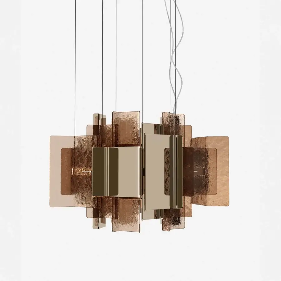 Superior Tonelli Design Cathedral suspension lamp with fused smoked glass and champagne metal finish