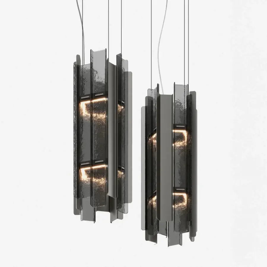 Exceptional Tonelli Design Cathedral suspension lamp with fused smoked glass and dark gray metal built with a matte finish