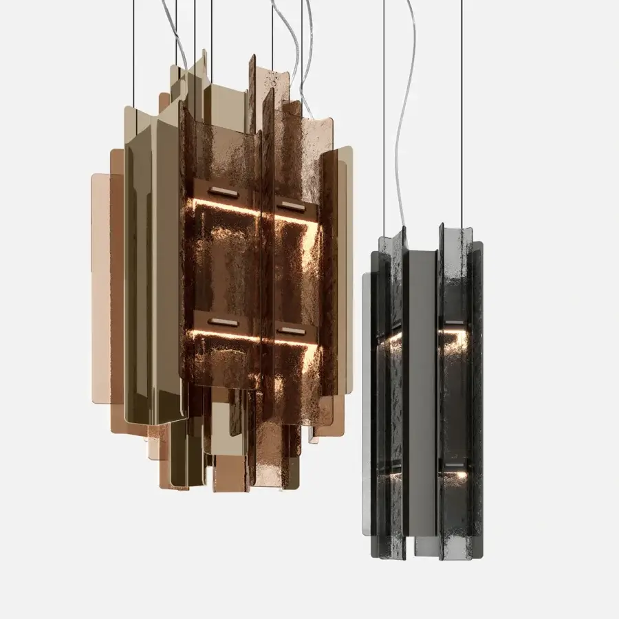 Distinguished Tonelli Design Cathedral suspension lamp with fused smoked glass and titanio metal finish