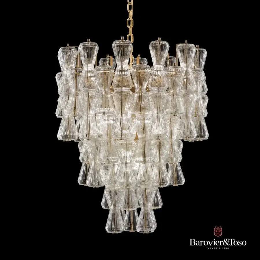 Lavish Barovier&Toso Clepsydra suspension lamp crafted in blown glass with gold-toned metal accents and ribbed details