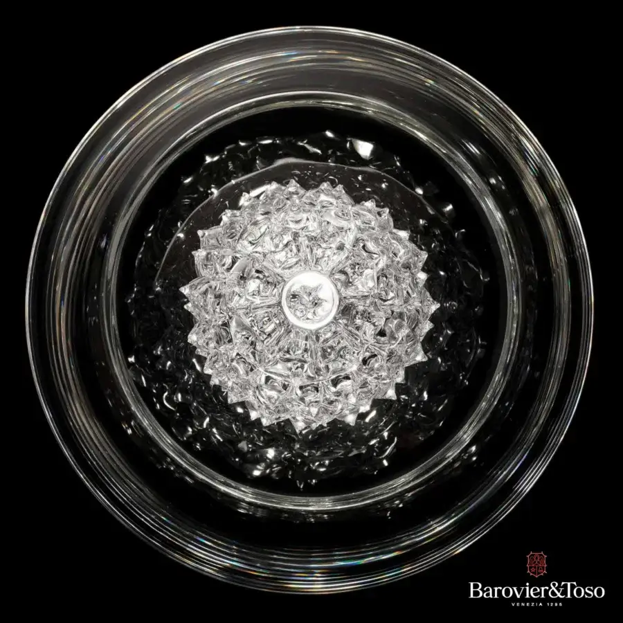 Elegant Barovier&Toso Grace table lamp crafted in clear glass with a starburst center and radial symmetry