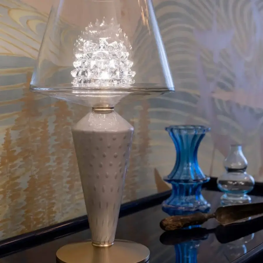 Exceptional Barovier&Toso Grace table lamp with pale grey textured glass, clear conical shade and dazzling crystal-like elements crafted in metal