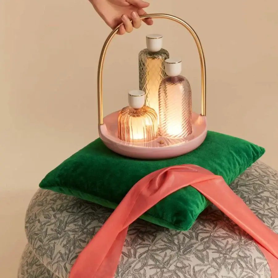 Lavish Barovier&Toso Trinitas table lamp with blended Venetian crystal elements and pale pink metal arch with gold-plated accents