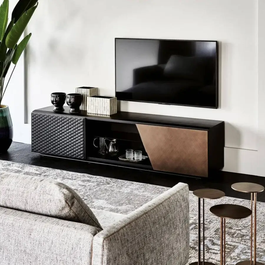 Exceptional Cattelan Italia Aston TV stand in black embossed lacquered wood with quilted soft leather and brushed bronze detailing