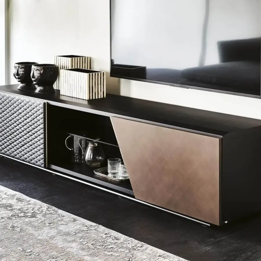 Superior Cattelan Italia Aston TV stand with quilted synthetic leather and brushed bronze wood finish featuring black chrome details