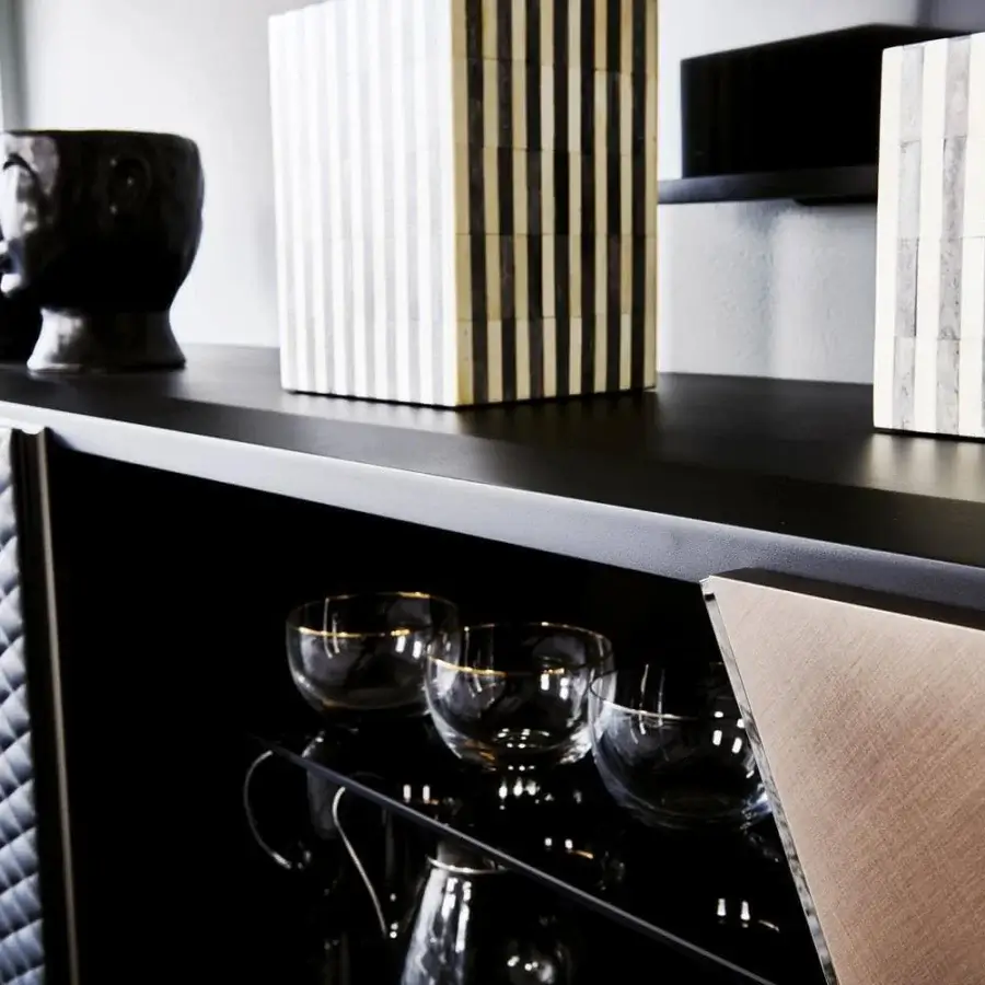 Distinguished Cattelan Italia Aston TV stand with titanium embossed lacquered wood and quilted light brown soft leather doors