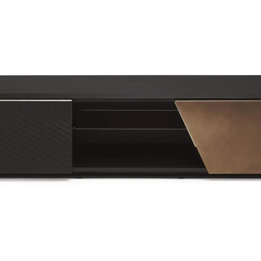 Exceptional Cattelan Italia Aston TV stand crafted with black embossed lacquered wood and quilted dark synthetic leather details