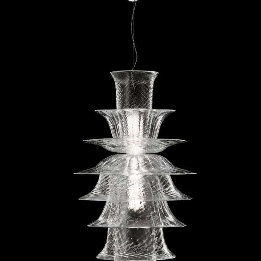Exceptional Barovier&Toso Campanula suspension lamp with a tiered composition of textured Venetian crystal in a neutral tone