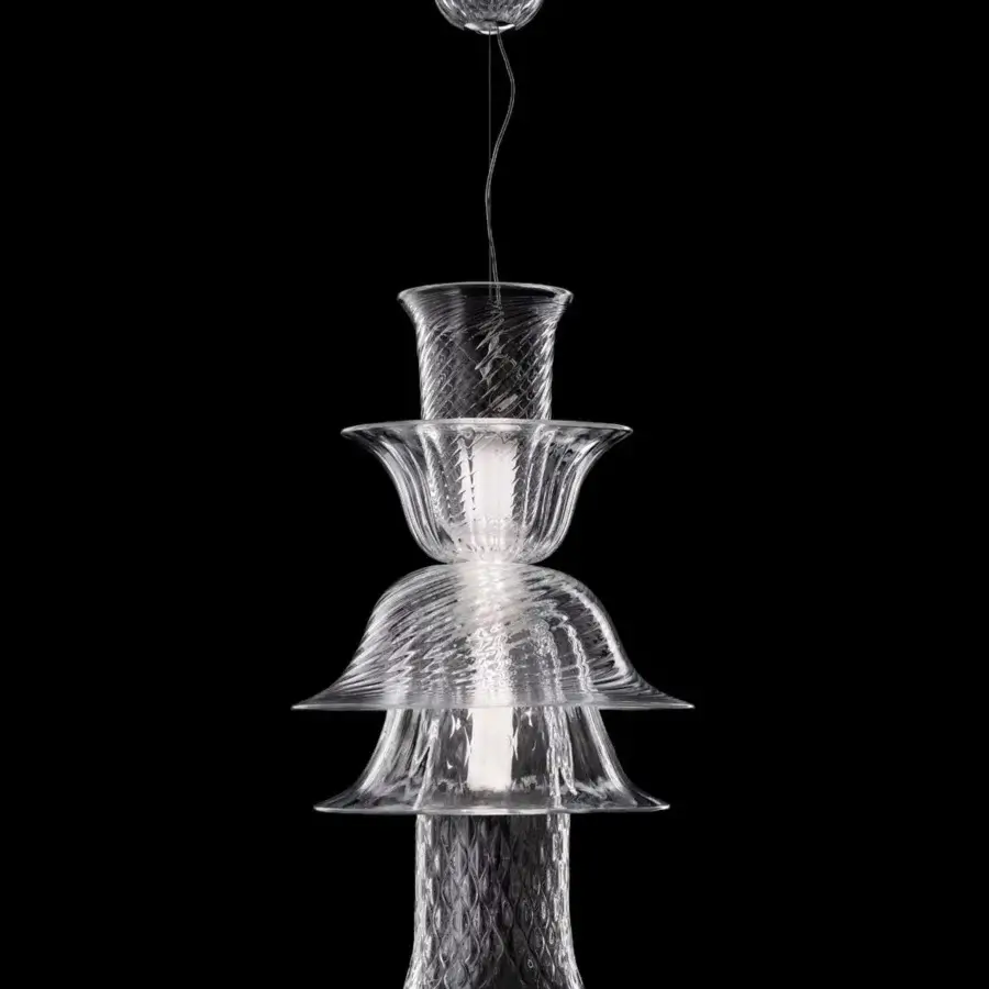 Elegant Barovier&Toso Campanula suspension lamp in cascading tiers of uniquely shaped clear Venetian crystal with subtle textured detailing