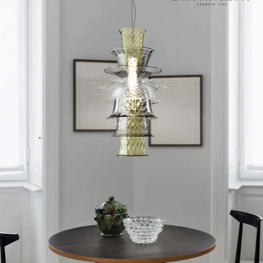 Captivating Barovier&Toso Campanula suspension lamp in clear, pale green, and smoky gray Venetian crystal with a glossy finish