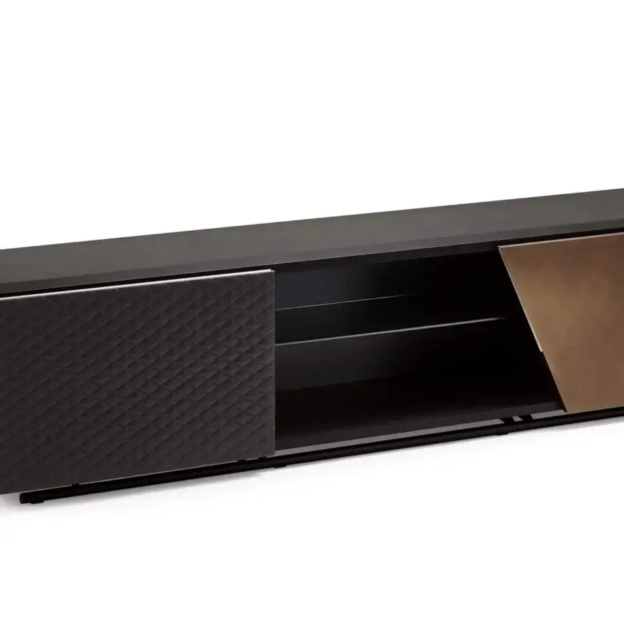 Superior Cattelan Italia Aston TV stand with titanium embossed lacquered wood and black embossed steel base crafted in brushed bronze with quilted synthetic leather
