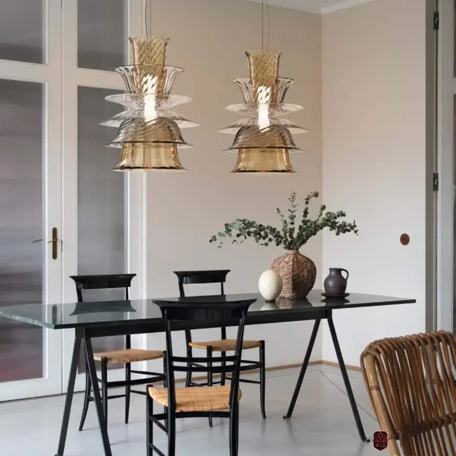 Elegant Barovier&Toso Campanula suspension lamp with woven natural fibers and a light-colored metallic frame, accented with Venetian crystal