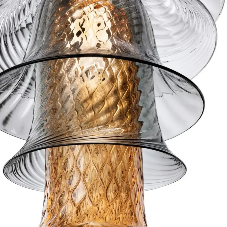 Distinguished Barovier&Toso Campanula suspension lamp crafted in Venetian crystal with warm amber, brown and grey swirling patterns and a glossy finish
